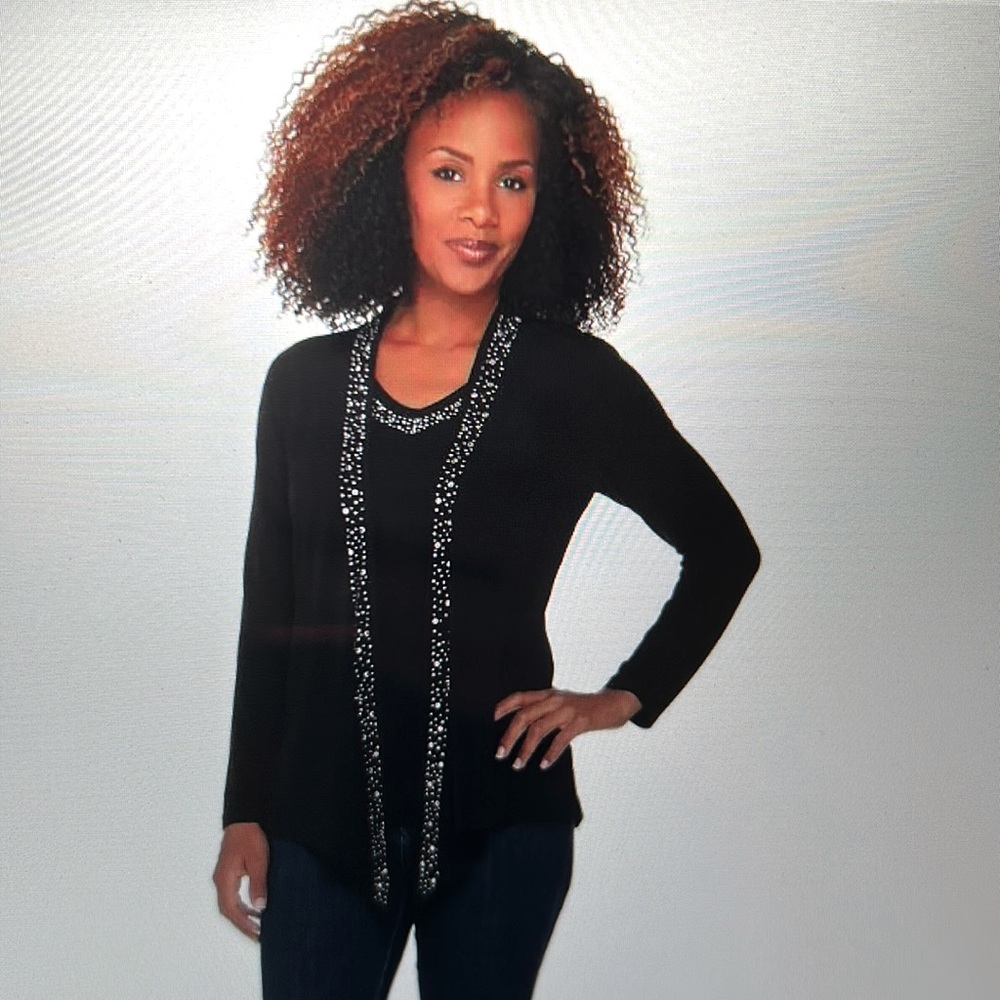 Quaker Factory Rhinestone Embellished Duet Cardigan and Top New XXS